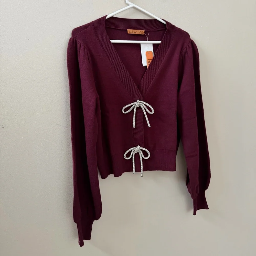 Belldini Balloon Sleeve Burgundy Cardigan Sweater with Rhinestone Bows, Sz M